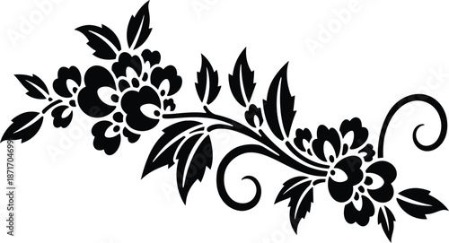 Black floral design with leaves and flowers on white background