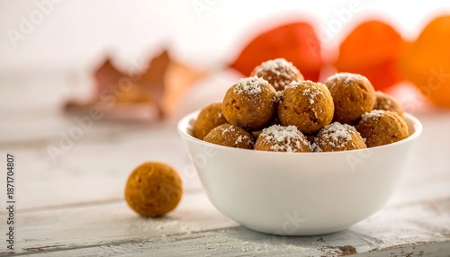 Delicious pumpkin spice energy balls in a white bowl.