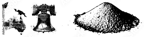 Liberty Bell with Australia Map and Sand Heap Silhouettes