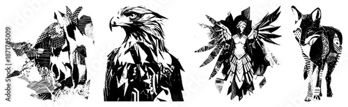 Stylized Animal & Mythical Creature Silhouettes in Geometric Halftone