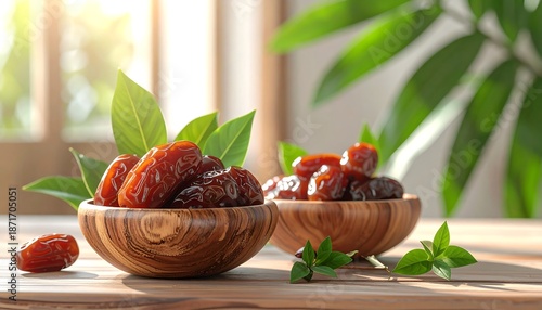 Delicious Dates in Wooden Bowls with Green Leaves.