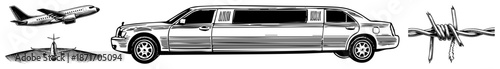 Vintage Limousine, Airplane, and Barbed Wire Vector Set