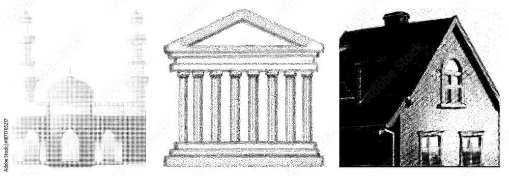 Naklejka premium Classical Architecture Mosque, Temple, and Cottage in Halftone Vector Style