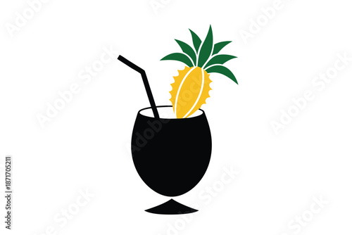 Pina colada glass silhouette with coconut and pine isolated on white background