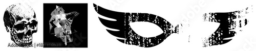 Grungy Skull, Collage Figure, Winged Mask and Abstract Wing Silhouettes