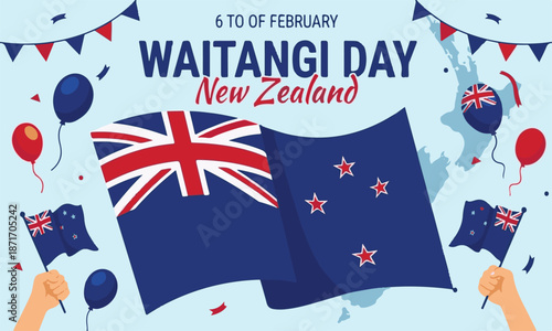 Waitangi day new zealand national celebration event banner with flags balloons and country map background