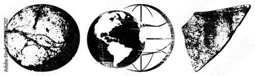 Three Abstract Earth Globe and Fragment Vector with Halftone Texture