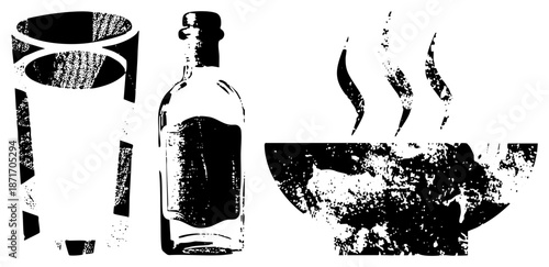 Vintage Glass Bottle, Drinking Glass, and Bowl in Grunge Vector Style