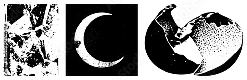 Abstract Textured Moon and Fragmented Globe Silhouettes