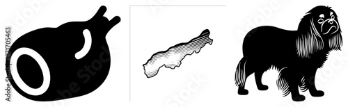 Three Black Silhouettes Featuring Snail, Map, and Cavalier King Charles Spaniel