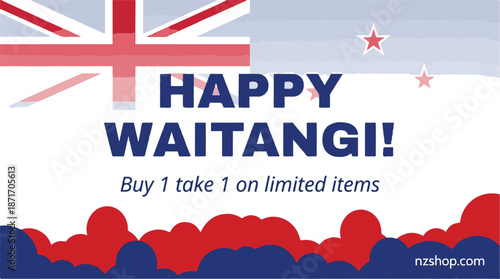 Waitangi day promotion banner with new zealand flag and website link on blue and red cloud background