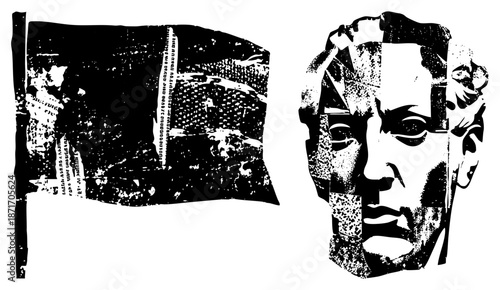 Fragmented Newspaper Collage and Stylized Human Head Portrait in High Contrast Halftone