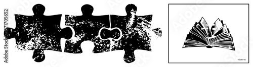 Three Puzzle Pieces with Central Missing Piece and Open Book Illustration