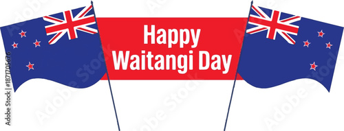 Happy waitangi day banner with dual new zealand flags on red background and patriotic holiday colors