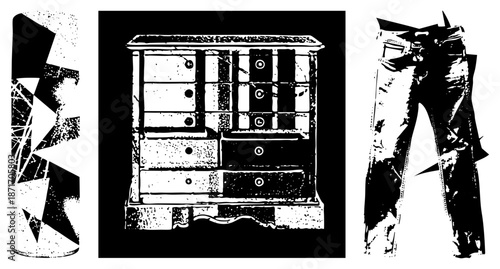Abstract Geometric, Vintage Dresser, Distressed Jeans Bold Black and White Vector Set