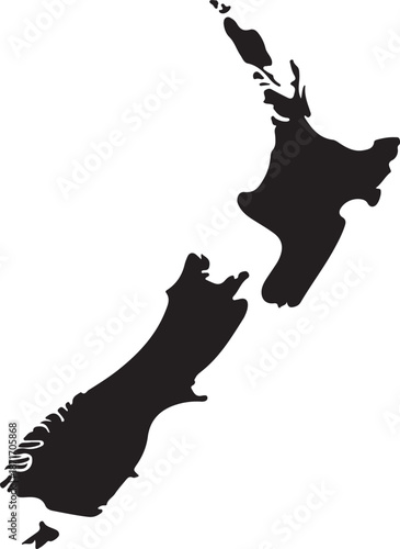 Black map of new zealand showing north and south island regions on a checkered transparent background
