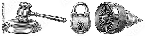 Vintage Legal Gavel, Padlock, and Jet Engine in Classic Art