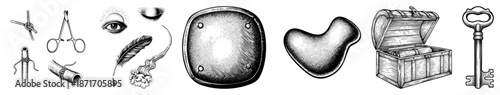 Vintage Medical Instruments, Eye, Feather, Shield, Heart, Chest, Key Vector Set