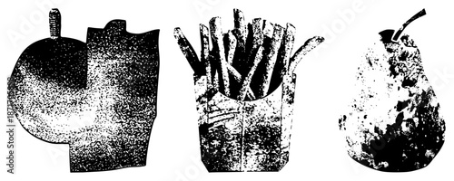Halftone, French Fries, and Pear Food in Black and White Vector