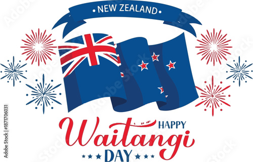 Happy waitangi day new zealand banner with waving flags and fireworks celebration