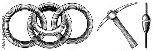 Interlocked Metal Rings, Pickaxe, and Fishing Float in Vintage Art