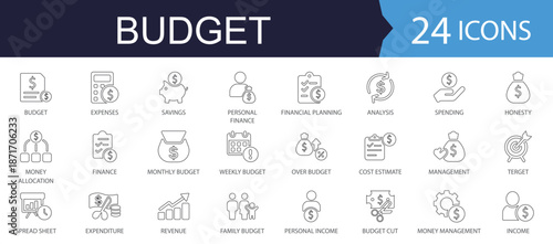 Budget Editable Line Icon set. Features icons of budgeting, expense, money management, cash flow, savings, spending, income, allocation, cost estimate and more. A linear vector icons.
