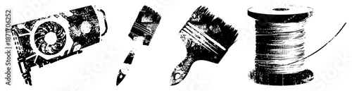 Graphic Design Tools GPU Card, Paintbrushes, and Thread Spool in Grunge Vector Style