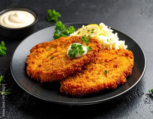 A plate displays two golden-brown, breaded cutlets with creamy sauce, side salad, lemon garnish, and fresh parsley. A small bowl of sauce sits nearby