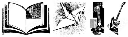 Open Book with Grunge Texture and Origami Crane Vector Set