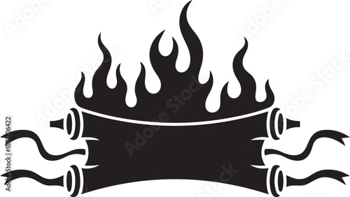Burning scroll banner with flames and ribbons for announcement or historical document display