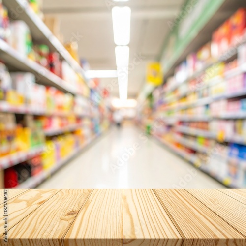 Wallpaper Mural Wooden table foreground with blurred supermarket background, shopping concept. Torontodigital.ca