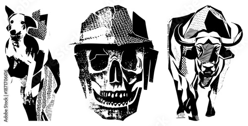 Bold Black and White Graphic of Dog, Skull, and Bull in Halftone Style