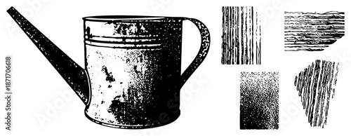 Vintage Metal Watering Can with Rustic Texture and Halftone