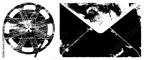 Vintage Film Reel and Envelope with Distressed Grunge Texture