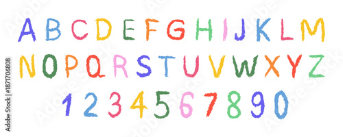 English alphabet crayon. Hand drawn pencil texture. Colorful typescript font. Vector illustration.