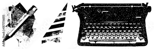 Vintage Typewriter and Writing Tools in Grunge Halftone Vector Design