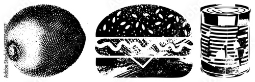 Halftone Style Food Kiwi, Burger, and Canned Goods Vector Set