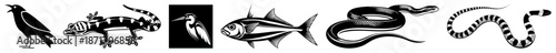 Six Black and White Animal Silhouettes Including Bird, Gecko, Heron, Fish, and Snakes