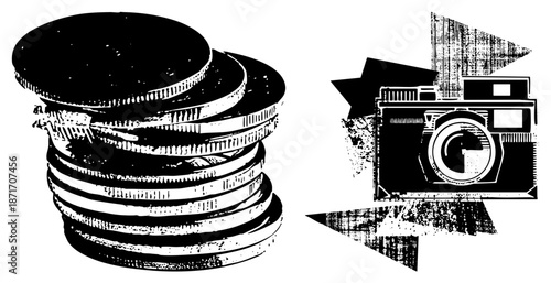 Stacked Vintage Coins and Retro Film Camera Illustration