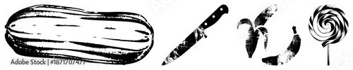 Black and White Vector of Peanut, Knife, Banana, and Lollipop
