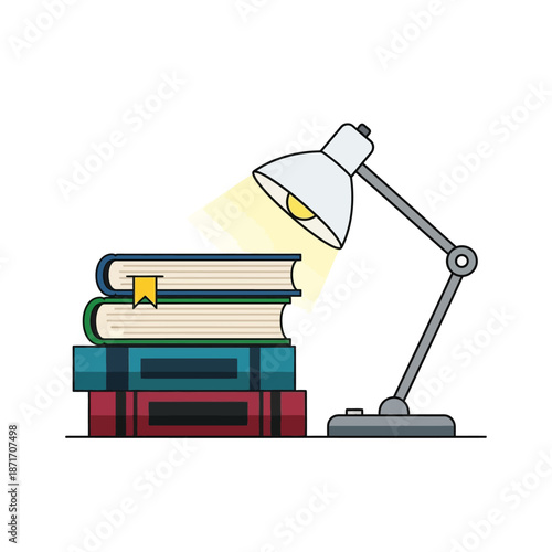 A stack of colorful books illuminated by a glowing desk lamp, symbolizing study and knowledge.