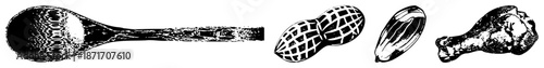 Vintage Wooden Spoon, Peanut, Almond, Chicken Drumstick Black and White Vector Set