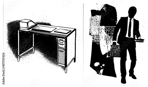 Vintage Computer Desk with CRT Monitor and Halftone Shadow Effects