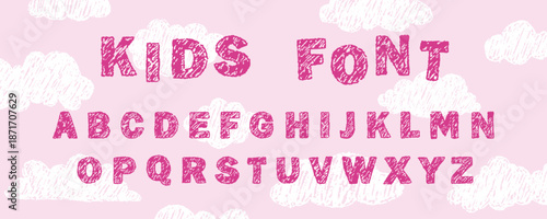 English alphabet crayon. Kids handwriting font with naive and playful letters. Grunge style. Vector illustration.