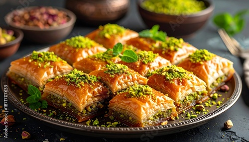 Delicious Baklava Pastries with Pistachios on a Decorative Plate.