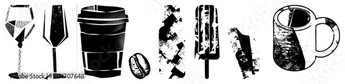 Grunge Styled Beverage Containers and Coffee Bean Silhouettes