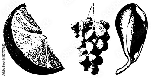 Black and White Halftone Illustration of Citrus Slice, Grape Cluster, and Olive