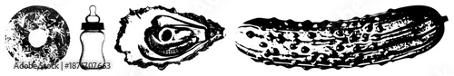 Four Black and White Vector Donut, Baby Bottle, Oyster, Cucumber