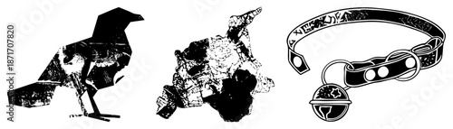 Stylized Raven, Abstract Rock Formation, Ornate Pet Collar with Bell