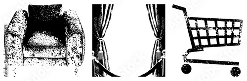 Vintage Armchair, Draped Curtains, and Shopping Cart in Halftone Vector Style